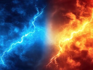 Fototapeta premium Dynamic energy clash of blue lightning and fiery orange clouds creating a dramatic and intense atmosphere in a surreal sky