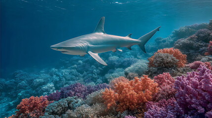 Fototapeta premium Shark swimming above a colorful coral reef underwater in the ocean. Marine life with diverse corals perfect for education and dive travel concept.