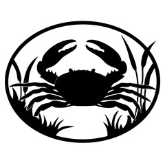 Monochrome crab silhouette set within an oval design with plants around it