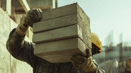 Laborer carrying concrete blocks to a worksite for foundation building. Featuring strength and efficiency