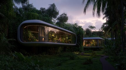 Obraz premium Futuristic eco-cabins nestled in lush tropical forest at twilight