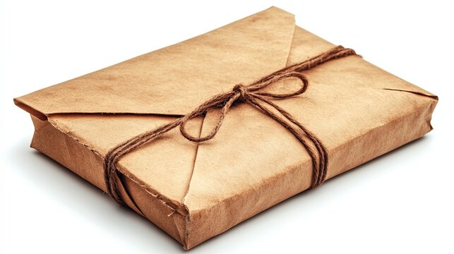 Rustic Brown Paper Package Tied with String on White Background