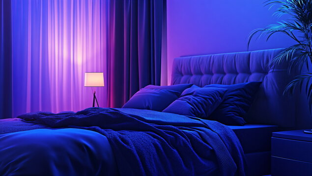 Comfortable bedroom with blue and purple neon lights for relaxation. Bedroom interior with bed and nightstand for cozy sleep promotion.