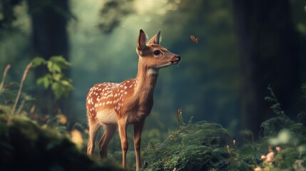 Fawn in the woods with sunlight shining through the trees