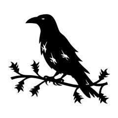 Silhouette of a raven perched upon a branch with angular leaves