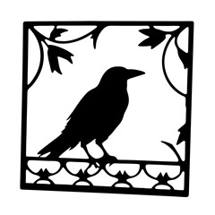 Elegant Raven Silhouette Framed by Ornate Branches and a Decorative Base