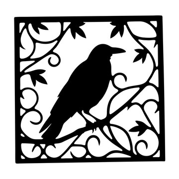 recommend clip art: Black and white decorative silhouette of a raven perched on a branch