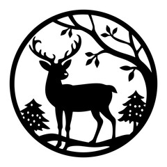 Silhouette of Majestic Deer in Forest Landscape with Christmas Trees Circle