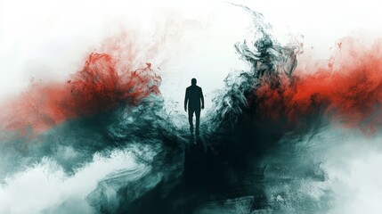 Silhouette of a man walking through abstract red and black smoke clouds