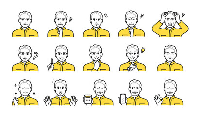 つなぎを着たシニア世代の男性作業員の様々な表情アイコンセット