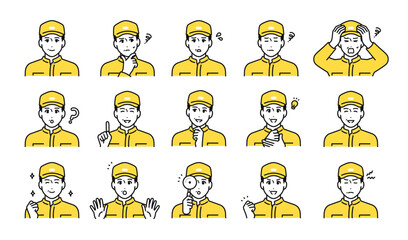 帽子を被ったミドル世代の男性作業員の様々な表情アイコンセット