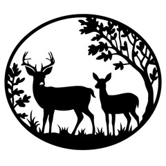 Silhouette of a deer family in nature with foliage inside a circle