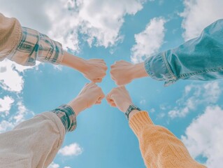 Four people joining hands in the sky