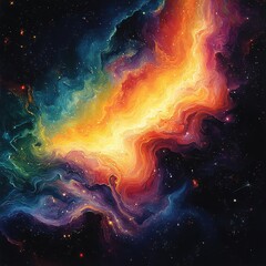 Colorful nebula with bright orange center and dark blue surrounding space.