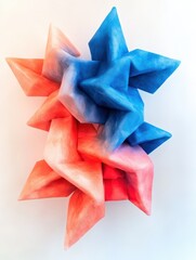 Fototapeta premium Interlocking neon coral and electric blue plush arrows with ombré gradient dye, three-dimensional origami folding texture dynamically floating in geometric shadows for contemporary gallery concepts 