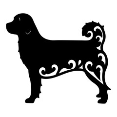Stylized silhouette of a furry dog with ornamental cutouts on white