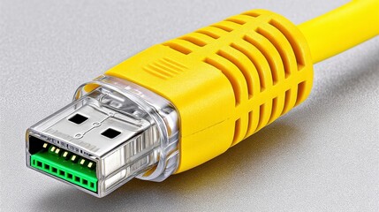 Close up of Yellow USB Cable Connector with Green Pins on Metallic Background