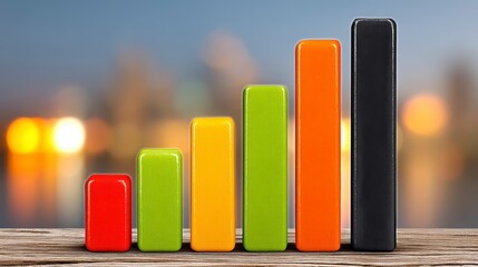 Colorful Ascending Bar Graph on Weathered Wood Displaying Financial Growth Against Bokeh