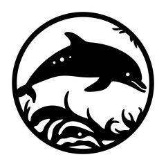 Fototapeta premium Stylized Monochrome Dolphin Illustration in Circular Frame with Aquatic Flora