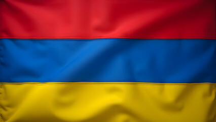 A close up of the armenian flag with red blue and yellow stripes waving gently in the wind outdoors