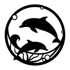 Two black dolphin silhouettes swimming in a circular aquatic scene design