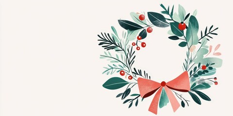 Festive Wreath with Red Bow: A watercolor illustration of a Christmas wreath adorned with lush greenery, delicate berries, and a vibrant red bow, exuding the spirit of warmth and festivity.