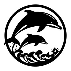 Silhouette of Two Dolphins Leaping Above the Water in a Circular Frame