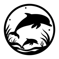 Stylized Dolphin Duo in a Circle, Black and White Aquatic Scene