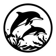 Two Dolphins Gracefully Swimming Amidst Seaweed in an Artistic Circular Design