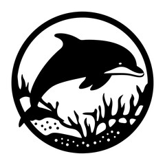Silhouette of dolphin leaping through the ocean in a circular design