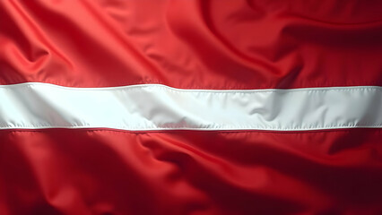 Close up of a latvian flag waving in the wind showing the red and white stripe design detail clearly
