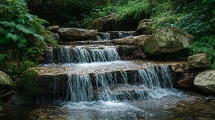 Fototapeta premium Small waterfall flowing over rocks in a lush green forest.
