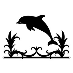 Silhouette of dolphin jumping over sea plants mounted on a sign holder
