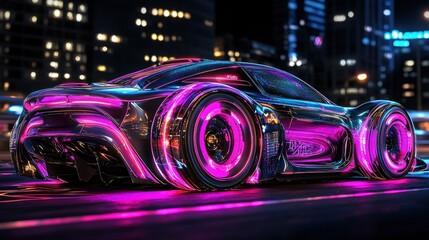 Futuristic neon car on city street at night