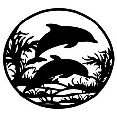 Black and white silhouette of two dolphins in a stylized underwater scene