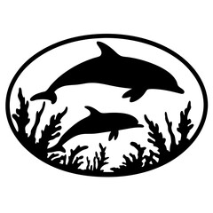 Silhouette of two dolphins swimming among seaweed in oval frame design