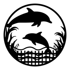 Black and white dolphin artwork showing two dolphins in their habitat