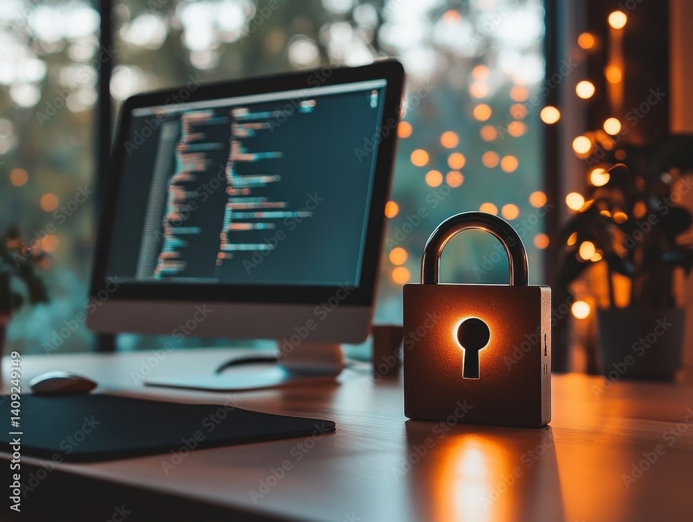 Poster cybersecurity: a padlock glows brightly beside a computer screen displaying lines of code, illuminat