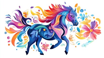 Colorful abstract horse with vibrant mane and floral elements. 2026 year red fiery horse according calendar