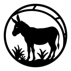 Silhouette of a donkey in a circular frame with simple vegetation