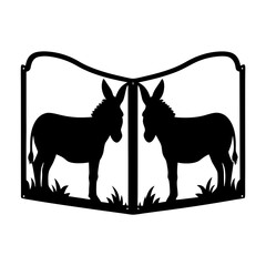 Symmetrical donkey silhouette design with decorative frame and grass accents