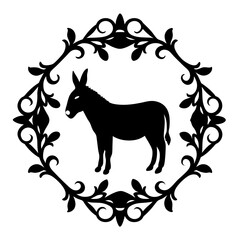 Black and White Donkey Silhouette Framed by Decorative Floral Elements