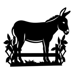 Silhouette of a donkey standing behind a small picket fence design