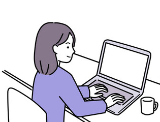 カフェでノートパソコンの作業をする女性