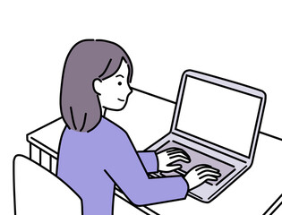 ノートパソコンで在宅ワークをする私服の女性
