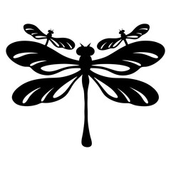 Intricate black silhouette of a dragonfly with two smaller dragonflies perched above
