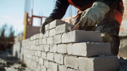 Mason laying bricks for a building wall. Featuring craftsmanship and precision