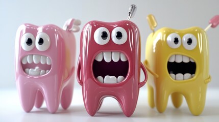 Colorful cartoon teeth characters with expressive faces and accessories