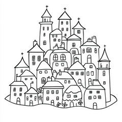 Fototapeta premium A bustling cityscape with buildings and trees , coloring page for kids