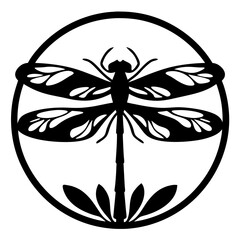 Black and White Dragonfly in a Circle Design, Nature Icon